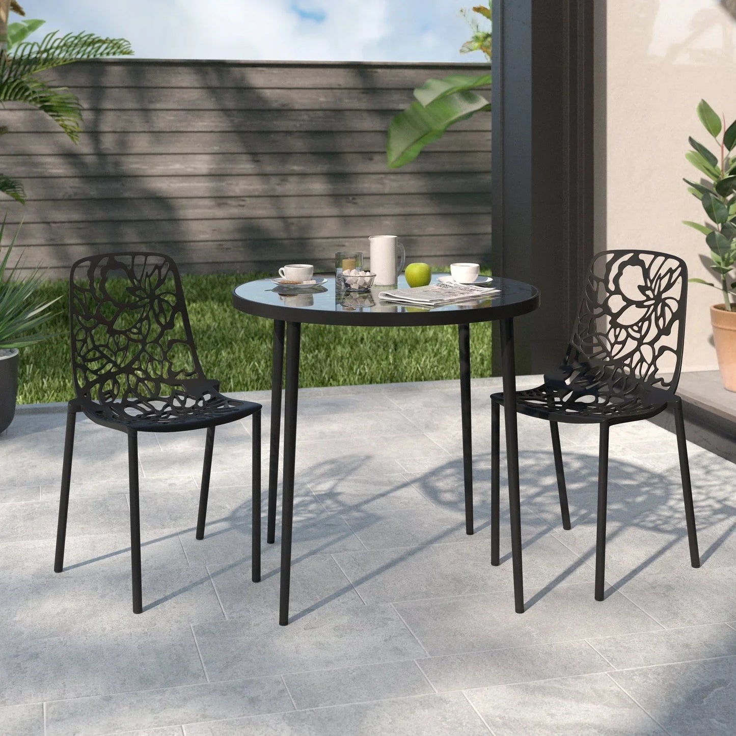 Devon Aluminum Indoor Outdoor Dining Chairs Stackable and Flower Pattern Design Set of 2 - Elax Furniture