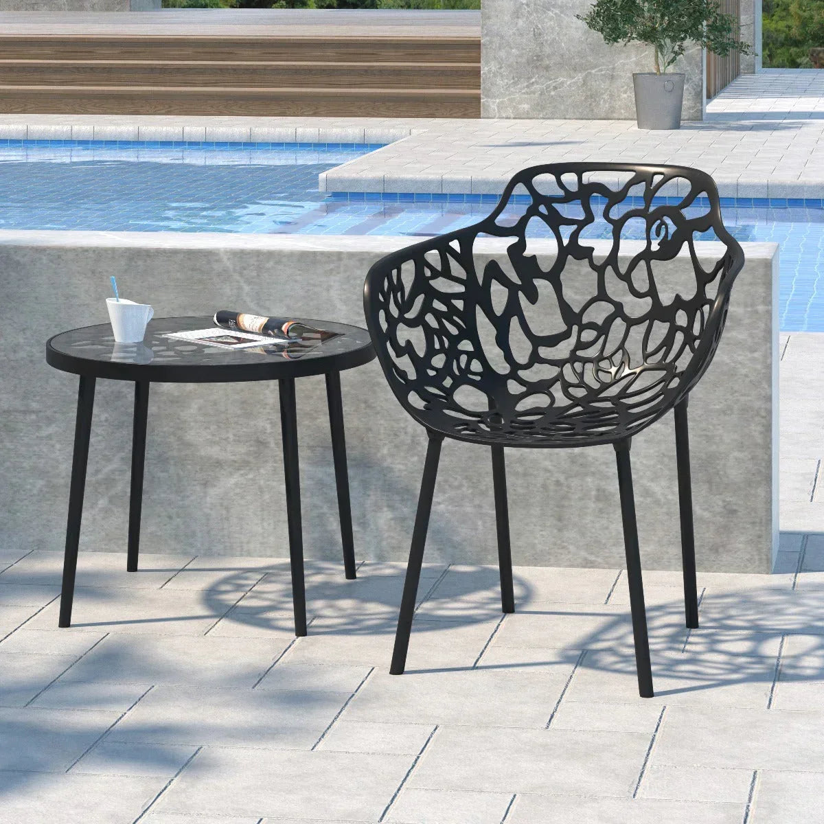 Devon Stackable Aluminum Outdoor Dining Armchairs with Flower Design - Elax Furniture