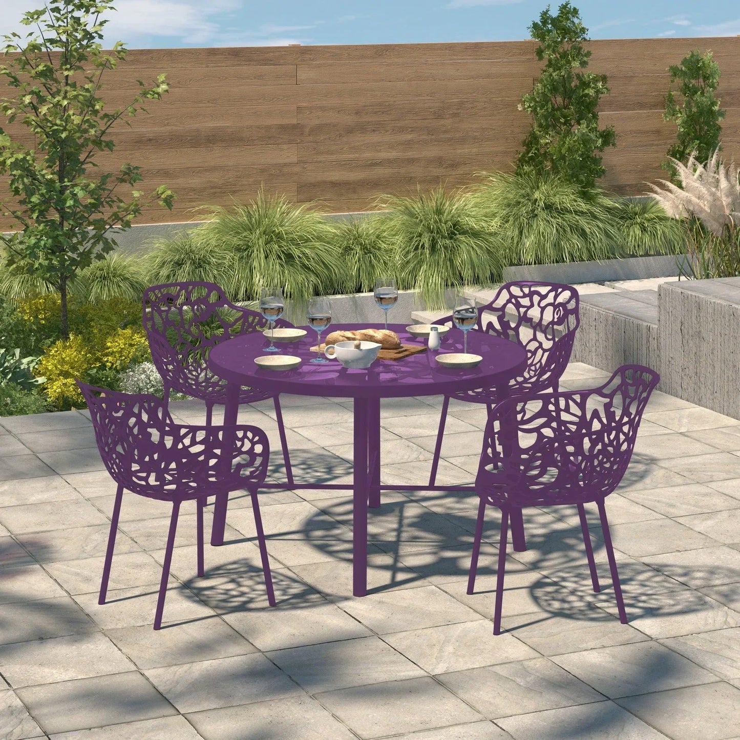 Devon Aluminum Indoor Outdoor Dining Armchairs with Flower Pattern and Stackable Design Set of 4 - Elax Furniture