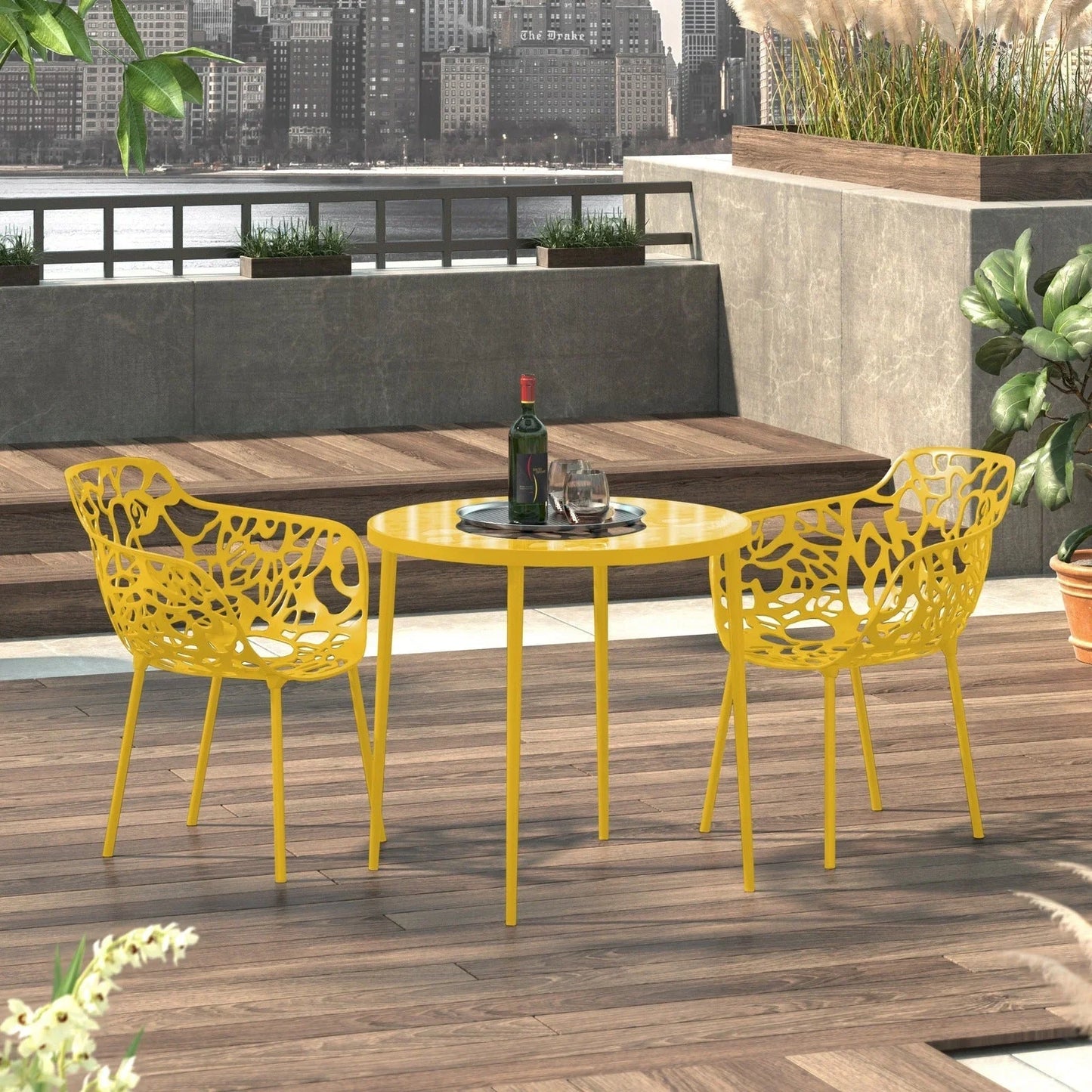 Devon Aluminum Indoor Outdoor Dining Armchairs with Flower Pattern and Stackable Design Set of 2 - Elax Furniture