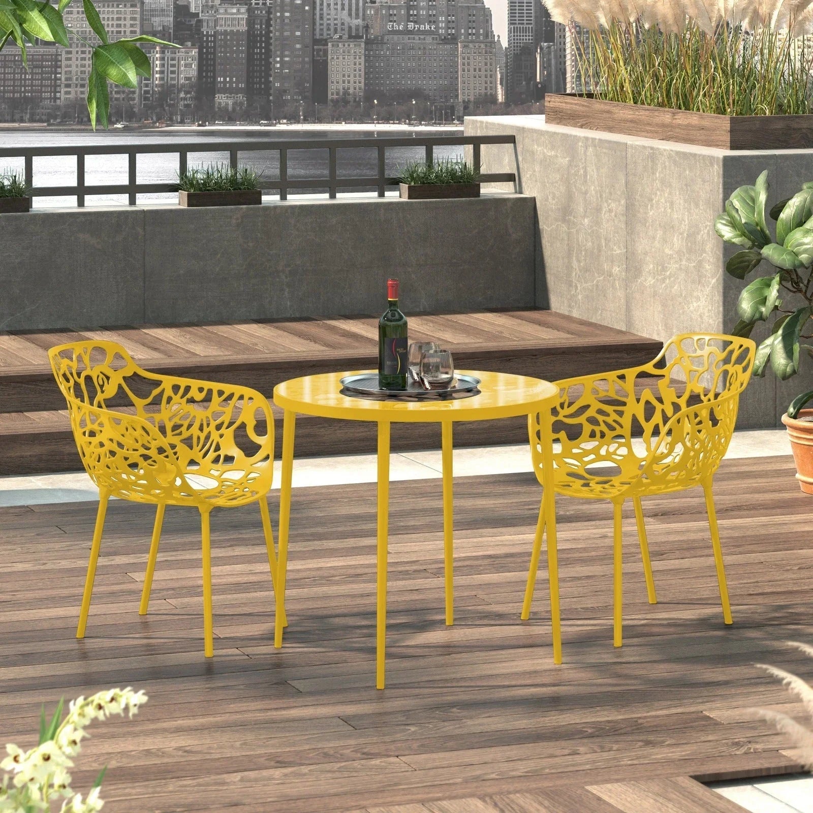 Devon Aluminum Indoor Outdoor Dining Armchairs with Flower Pattern and Stackable Design Set of 2 - Elax Furniture
