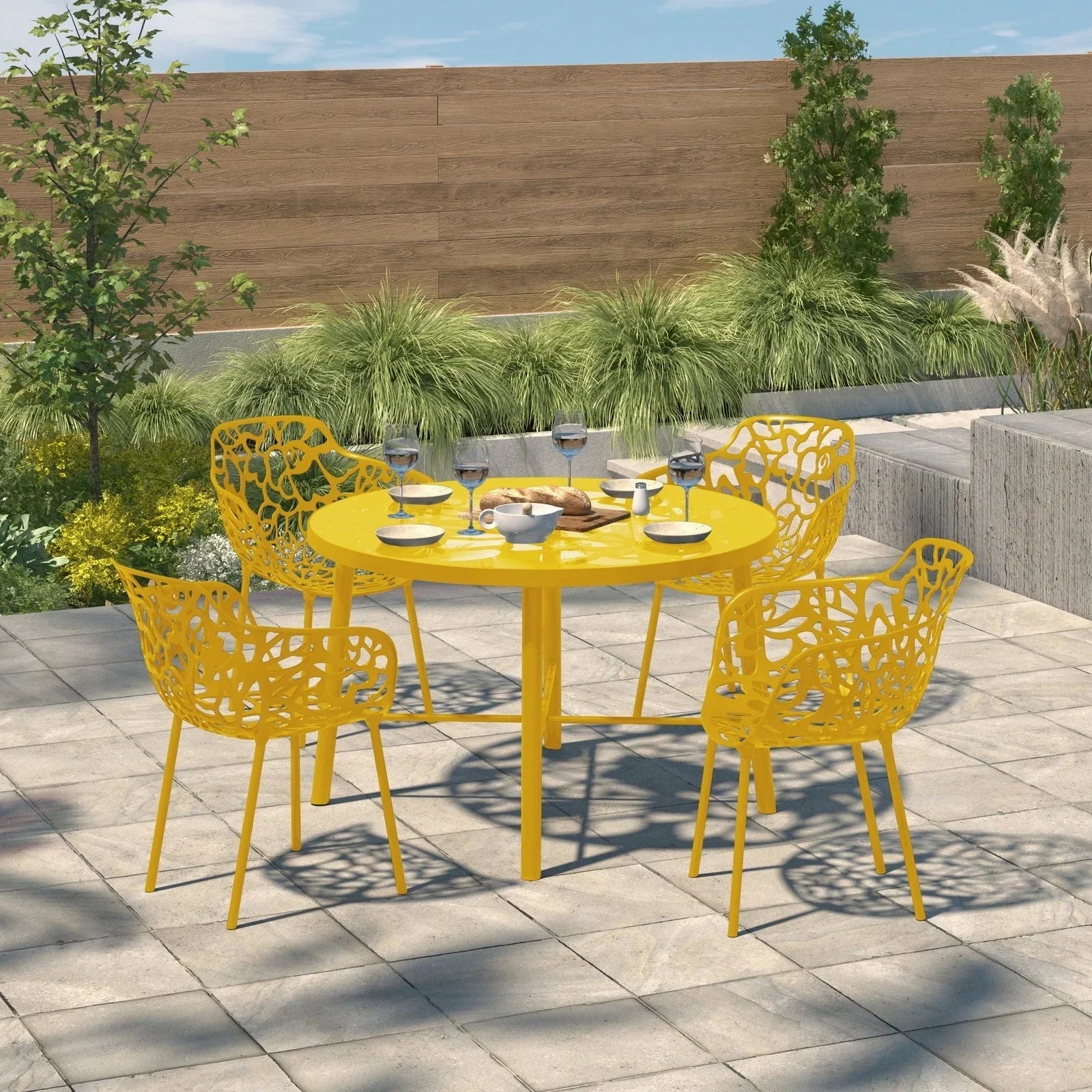 Devon Aluminum Indoor Outdoor Dining Armchairs with Flower Pattern and Stackable Design Set of 4 - Elax Furniture