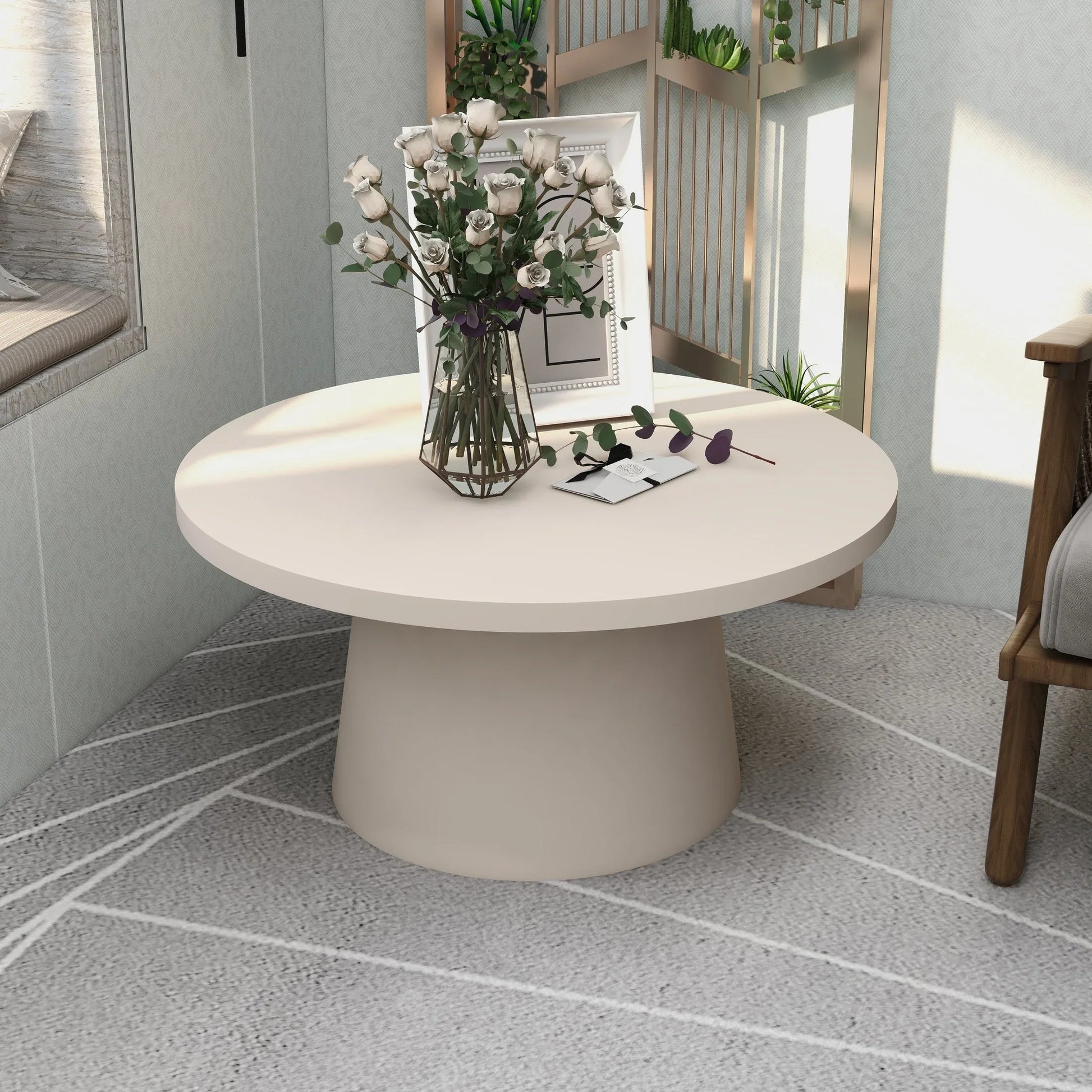 Dune Round 32" Wide Coffee Table in Fiberstone with a Pedestal Base - Elax Furniture