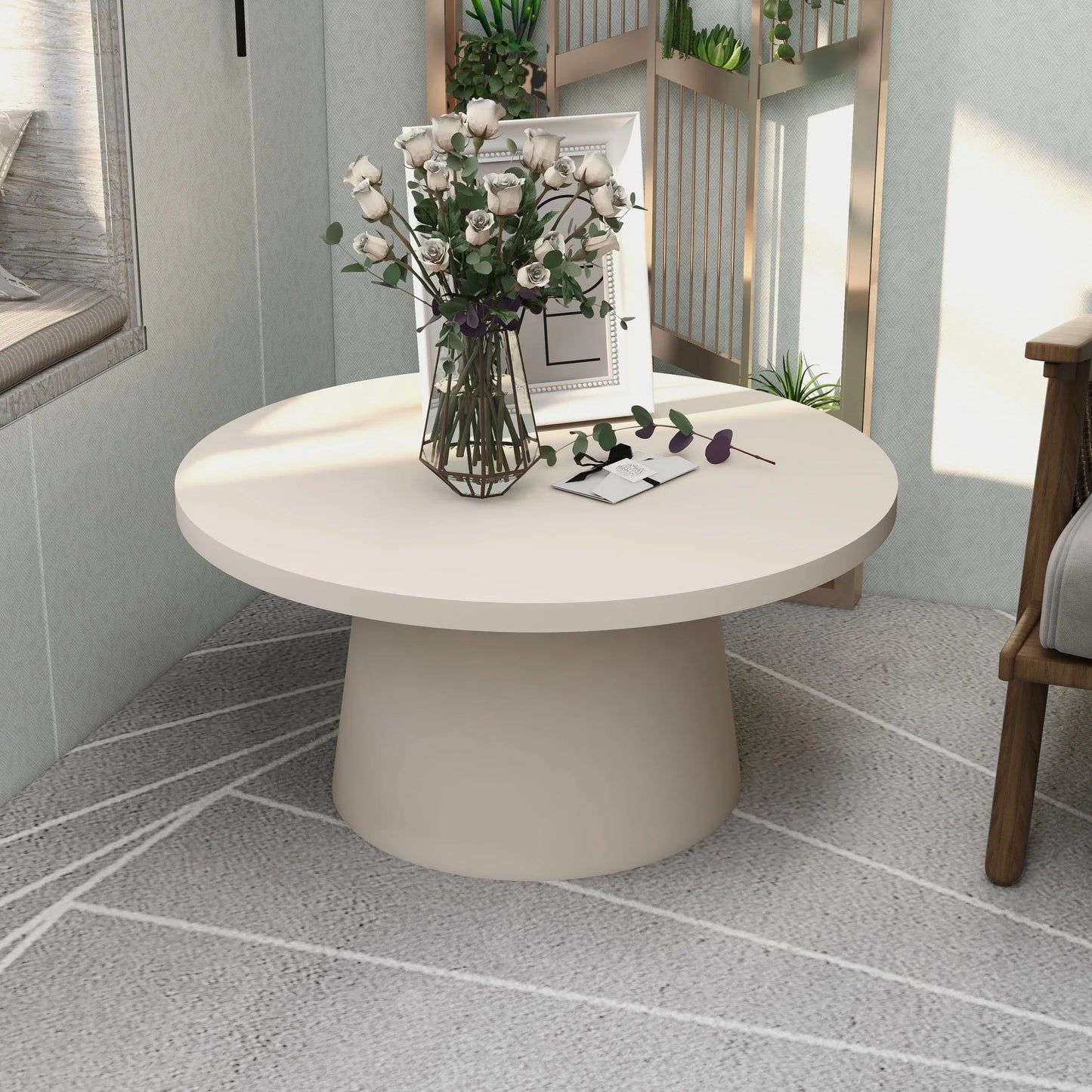 Dune Round 32" Wide Coffee Table in Fiberstone with a Pedestal Base - Elax Furniture