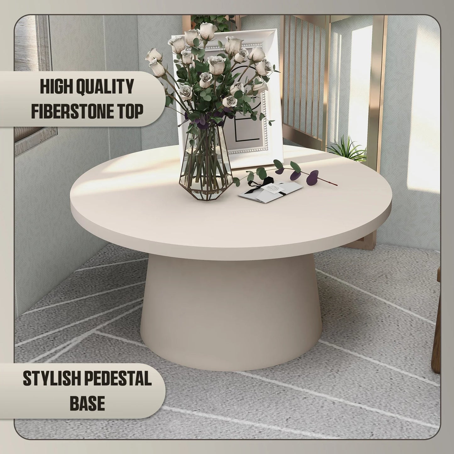 Dune Round 32" Wide Coffee Table in Fiberstone with a Pedestal Base - Elax Furniture