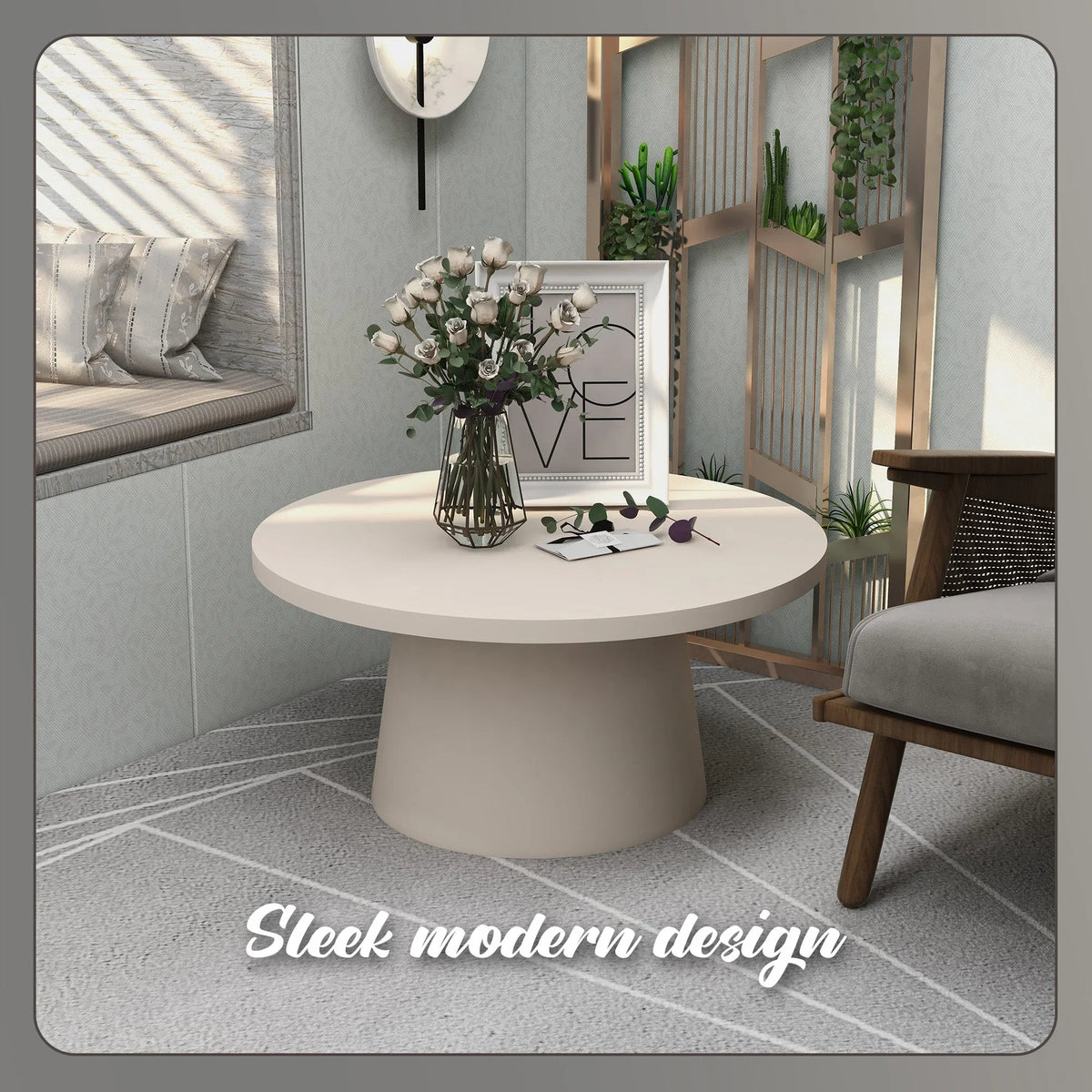 Dune Round 32" Wide Coffee Table in Fiberstone with a Pedestal Base - Elax Furniture