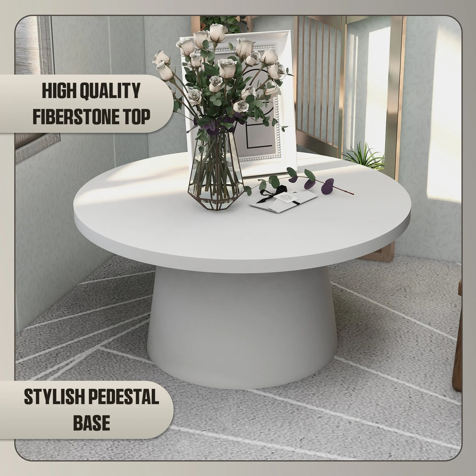 Dune Round 32" Wide Coffee Table in Fiberstone with a Pedestal Base - Elax Furniture