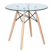 Dover 31"/47" Round Bistro Dining Table With Glass/MDF Tabletop and Beech Wood Eiffel Base Glass 31 inches Clear Dining Table Leisuremod