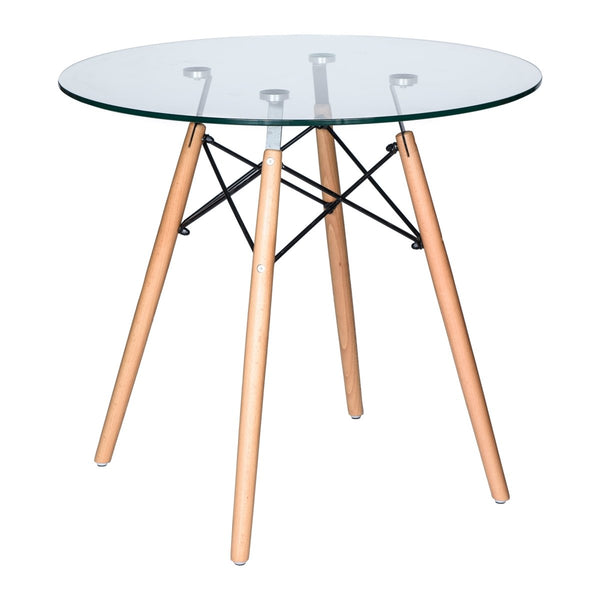 Dover 31"/47" Round Bistro Dining Table With Glass/MDF Tabletop and Beech Wood Eiffel Base Glass 31 inches Clear Dining Table Leisuremod