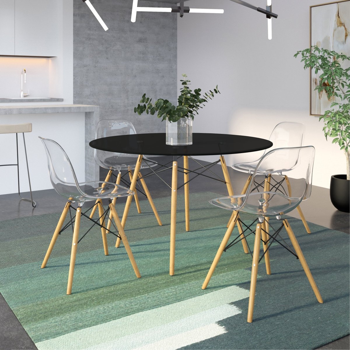 Dover 31"/47" Round Bistro Dining Table With Glass/MDF Tabletop and Beech Wood Eiffel Base MDF 47 inches Black Dining Table Leisuremod