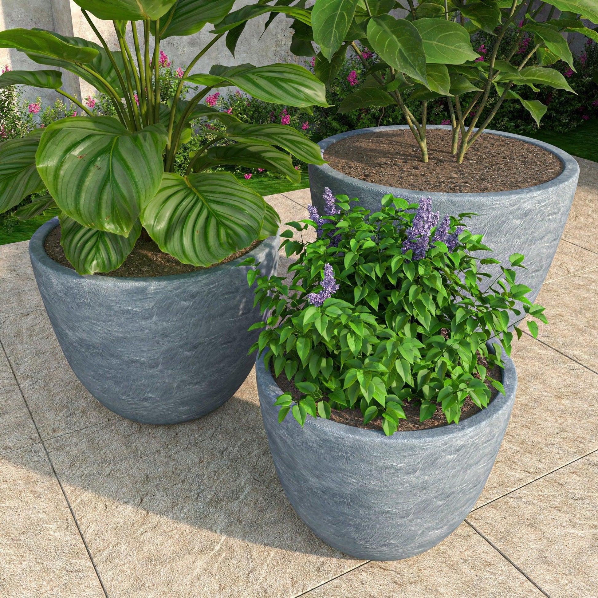 Dahlia 3-Piece Fiberstone and MGO Clay Planter Set, Mid-Century Modern Round Planter Pot for Indoor and Outdoor Home - Elax Furniture