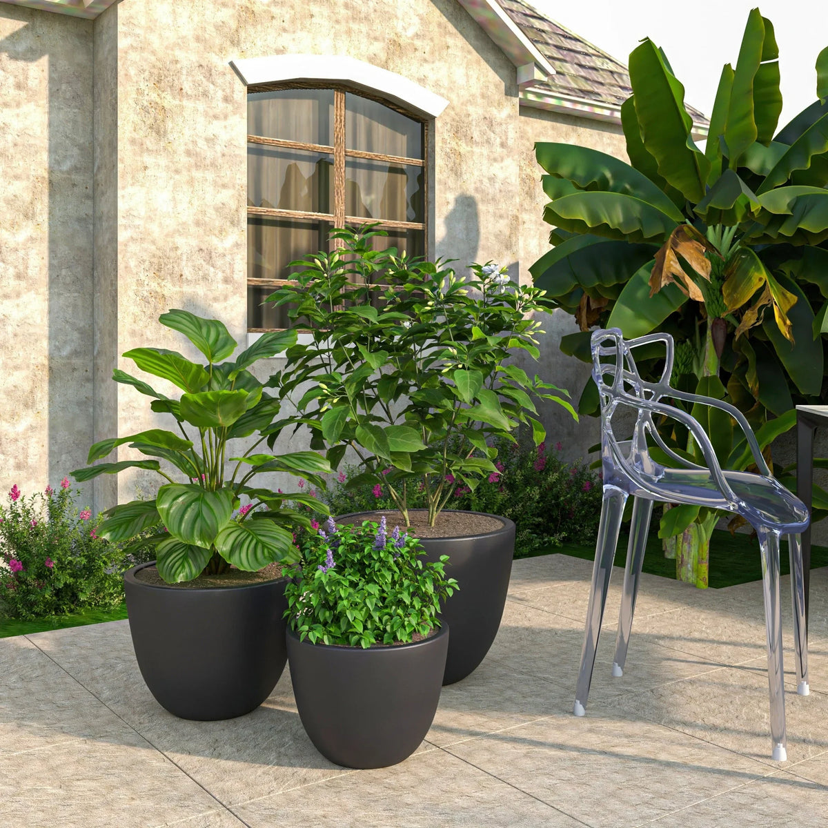 Dahlia 3-Piece Fiberstone and MGO Clay Planter Set, Mid-Century Modern Round Planter Pot for Indoor and Outdoor Home - Elax Furniture
