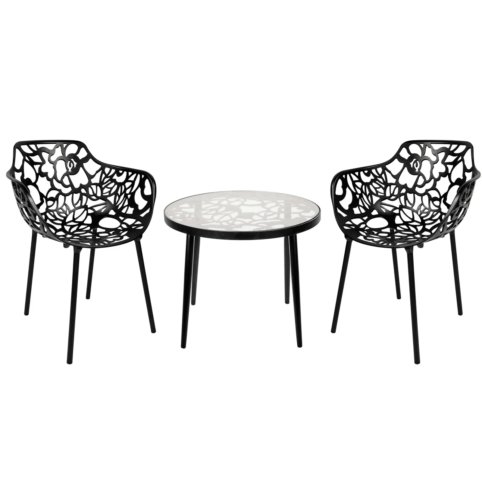 Devon 3-Piece Patio Dining Set: Aluminum Table with Glass Top & 2 Flower Arm Chairs - Elax Furniture