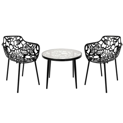 Devon 3-Piece Patio Dining Set: Aluminum Table with Glass Top & 2 Flower Arm Chairs - Elax Furniture