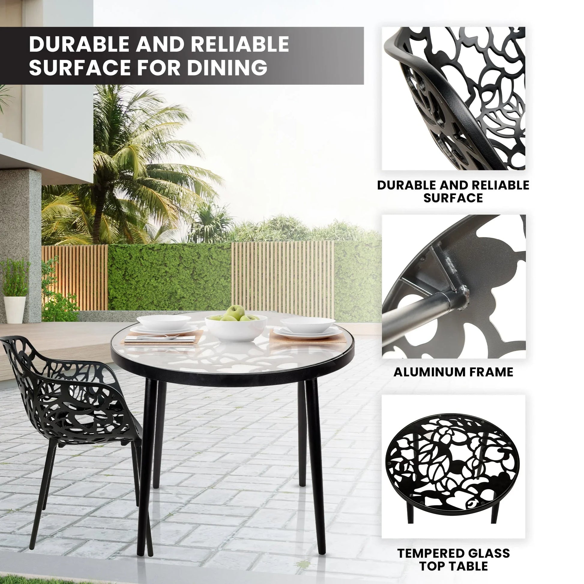 Devon 3-Piece Patio Dining Set: Aluminum Table with Glass Top & 2 Flower Arm Chairs - Elax Furniture