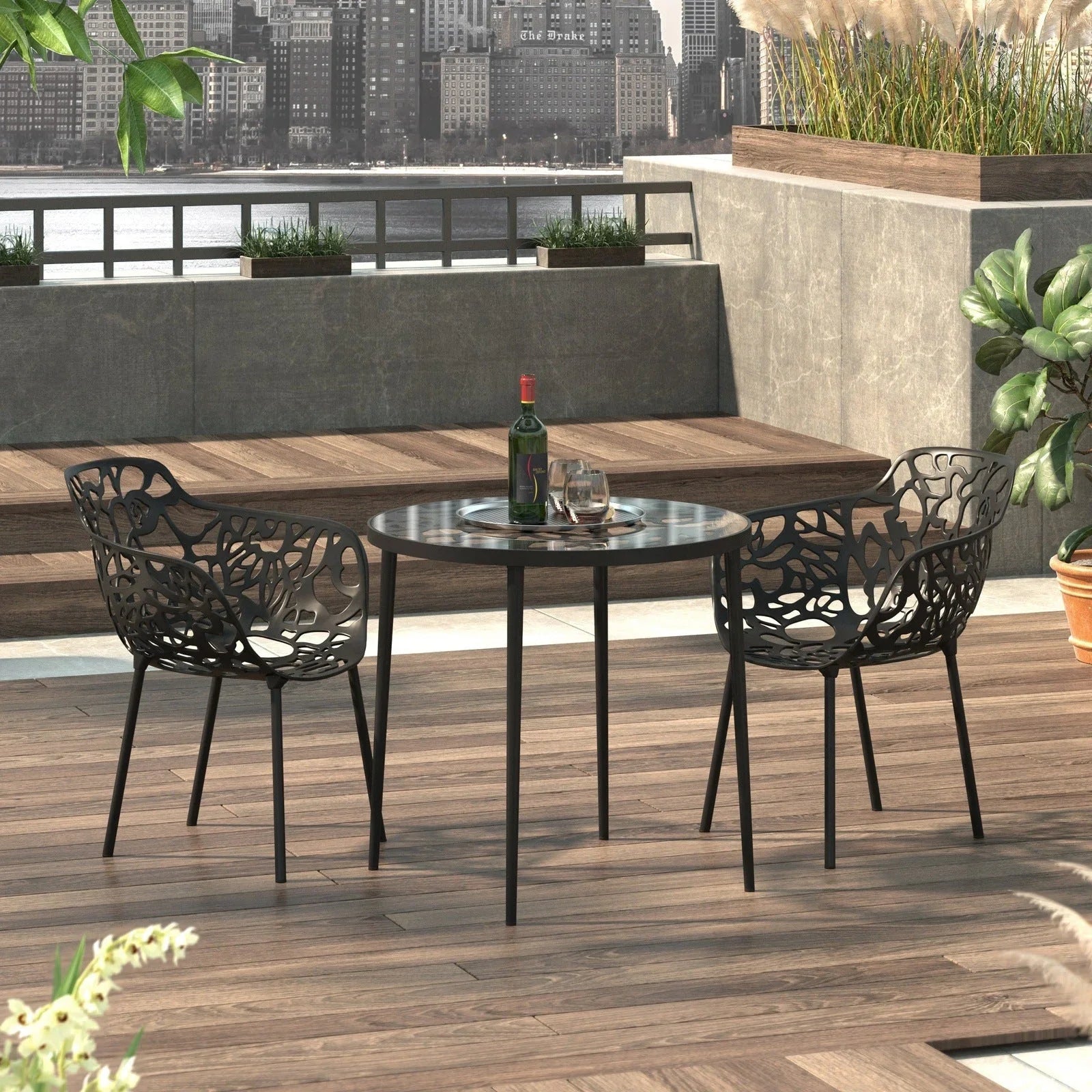 Devon 3-Piece Patio Dining Set: Aluminum Table with Glass Top & 2 Flower Arm Chairs - Elax Furniture