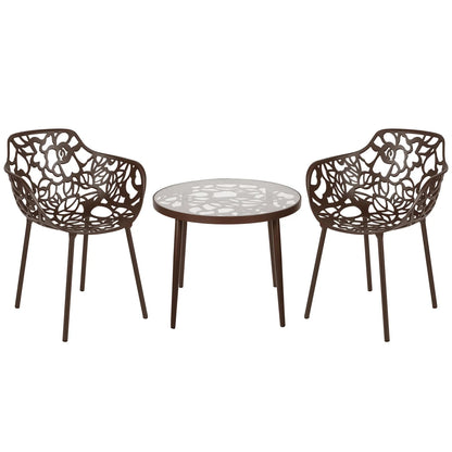 Devon 3-Piece Patio Dining Set: Aluminum Table with Glass Top & 2 Flower Arm Chairs - Elax Furniture