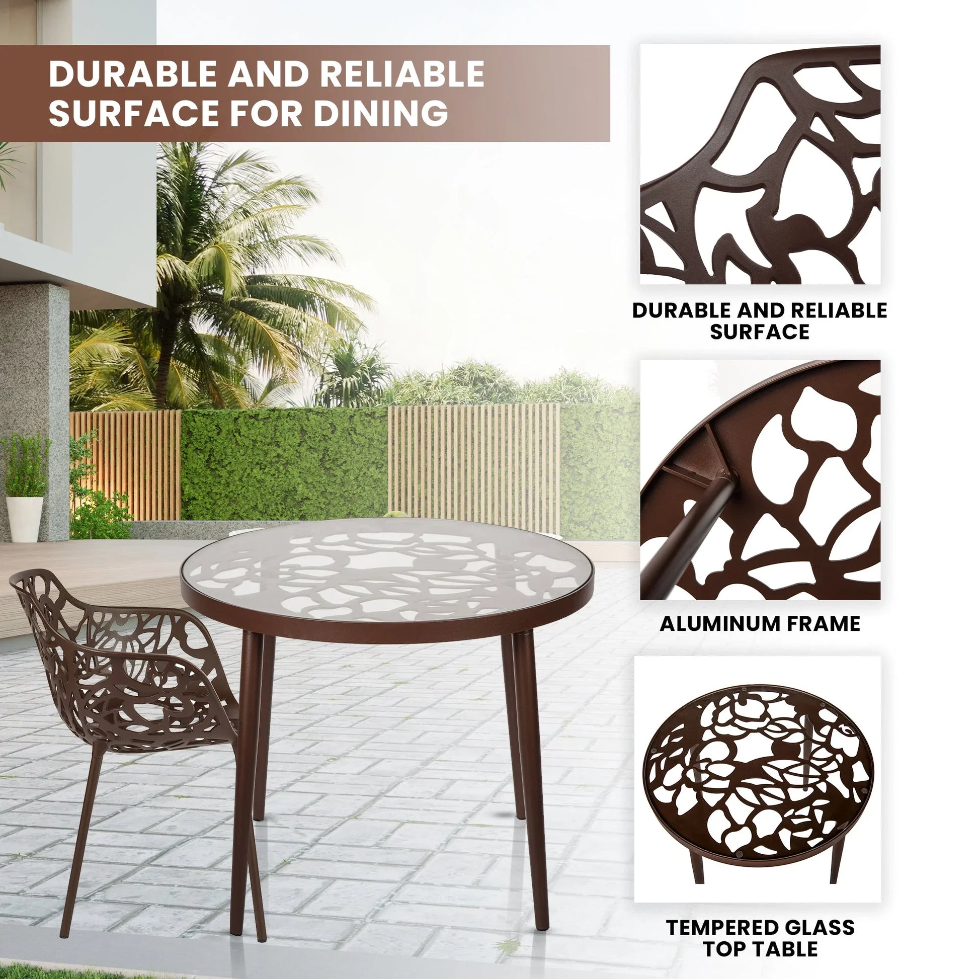 Devon 3-Piece Patio Dining Set: Aluminum Table with Glass Top & 2 Flower Arm Chairs - Elax Furniture