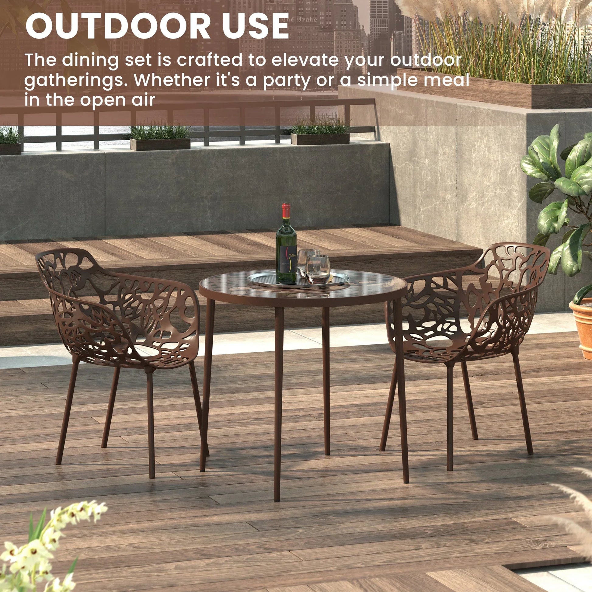 Devon 3-Piece Patio Dining Set: Aluminum Table with Glass Top & 2 Flower Arm Chairs - Elax Furniture