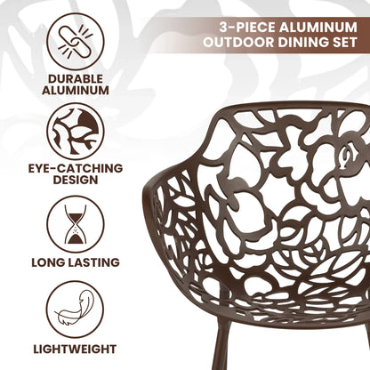 Devon 3-Piece Patio Dining Set: Aluminum Table with Glass Top & 2 Flower Arm Chairs - Elax Furniture