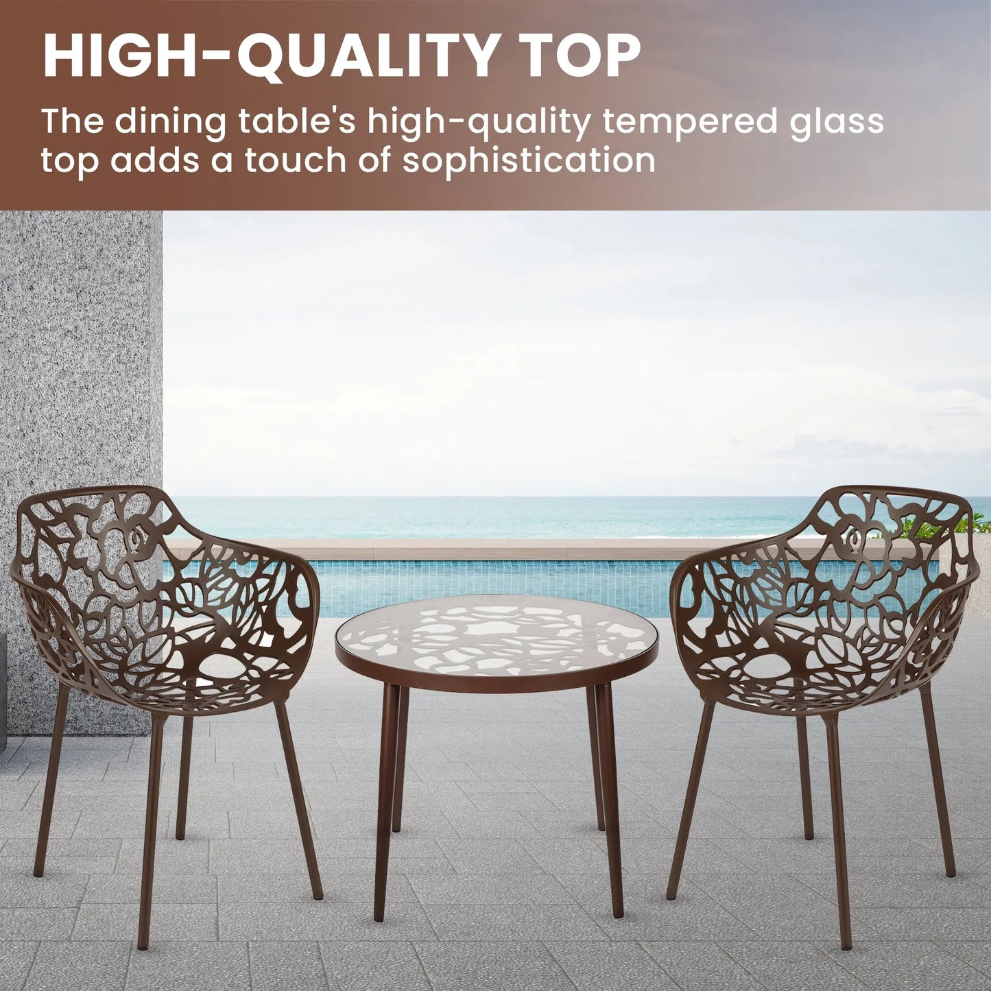 Devon 3-Piece Patio Dining Set: Aluminum Table with Glass Top & 2 Flower Arm Chairs - Elax Furniture