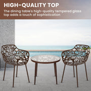 Devon 3-Piece Patio Dining Set: Aluminum Table with Glass Top & 2 Flower Arm Chairs - Elax Furniture