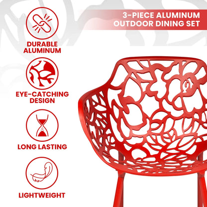 Devon 3-Piece Patio Dining Set: Aluminum Table with Glass Top & 2 Flower Arm Chairs - Elax Furniture