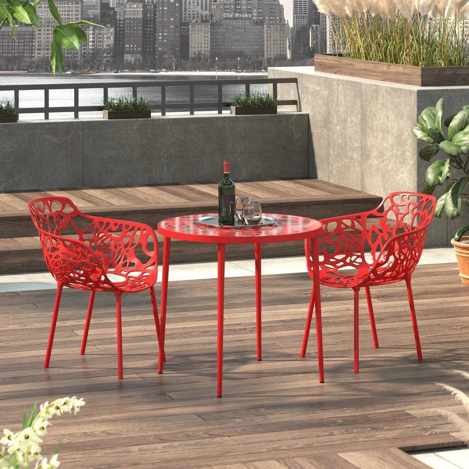 Devon 3-Piece Patio Dining Set: Aluminum Table with Glass Top & 2 Flower Arm Chairs - Elax Furniture