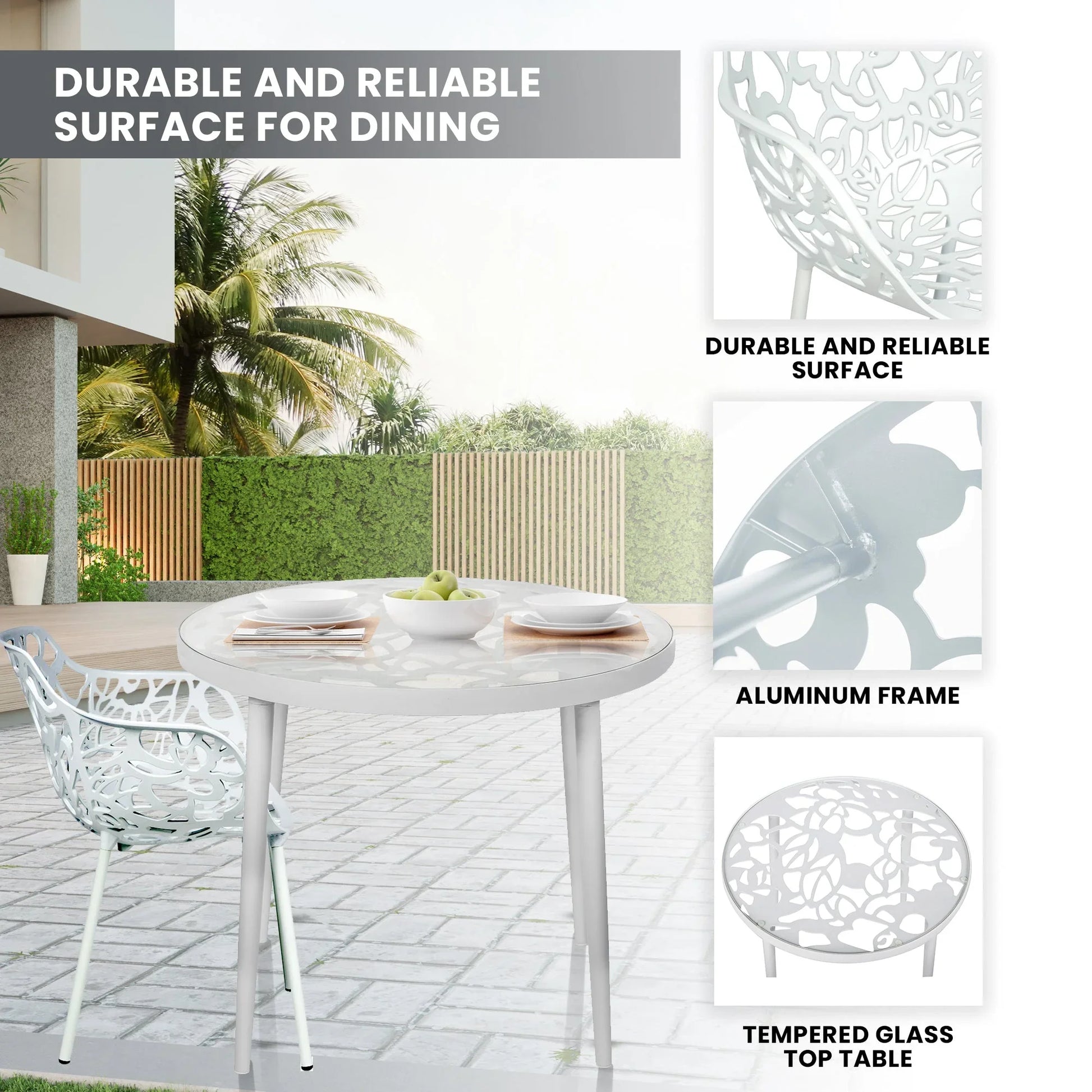 Devon 3-Piece Patio Dining Set: Aluminum Table with Glass Top & 2 Flower Arm Chairs - Elax Furniture
