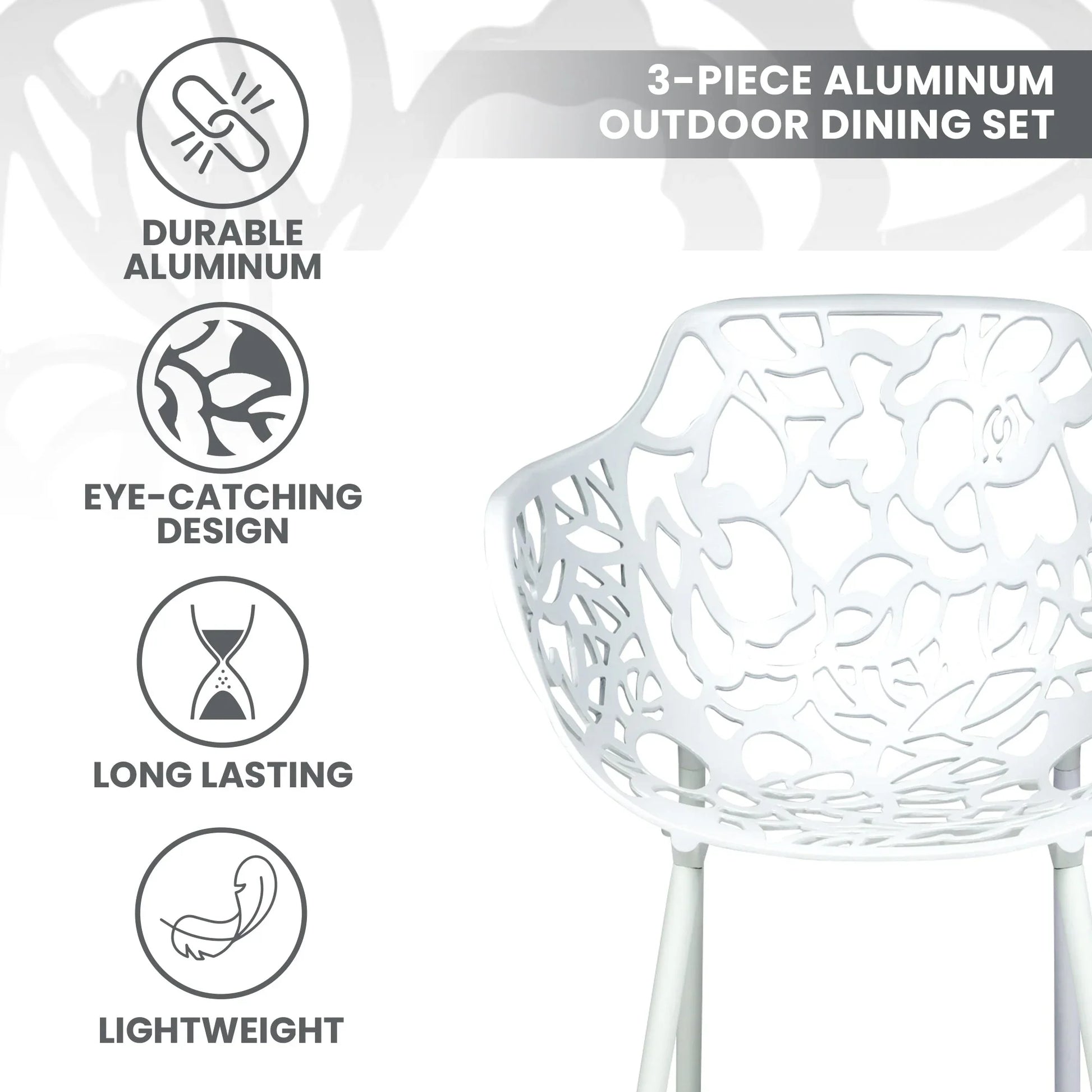 Devon 3-Piece Patio Dining Set: Aluminum Table with Glass Top & 2 Flower Arm Chairs - Elax Furniture