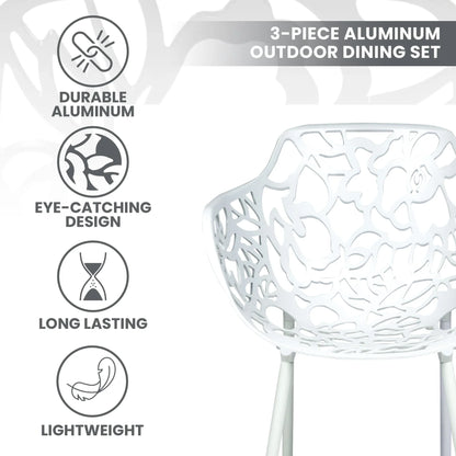 Devon 3-Piece Patio Dining Set: Aluminum Table with Glass Top & 2 Flower Arm Chairs - Elax Furniture