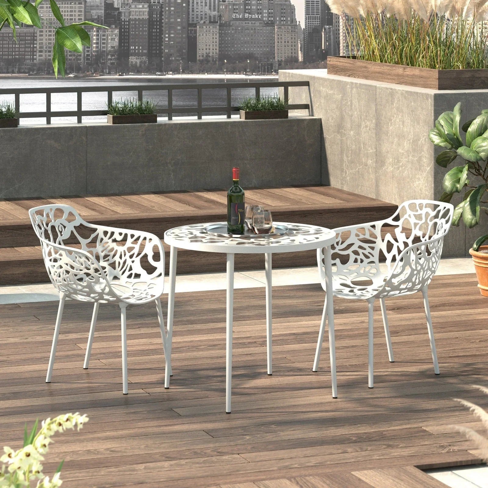 Devon 3-Piece Patio Dining Set: Aluminum Table with Glass Top & 2 Flower Arm Chairs - Elax Furniture
