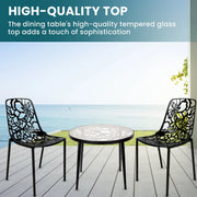 Devon 3-Piece Patio Dining Set: Aluminum Table with Glass Top & 2 Stackable Flower Chairs - Elax Furniture