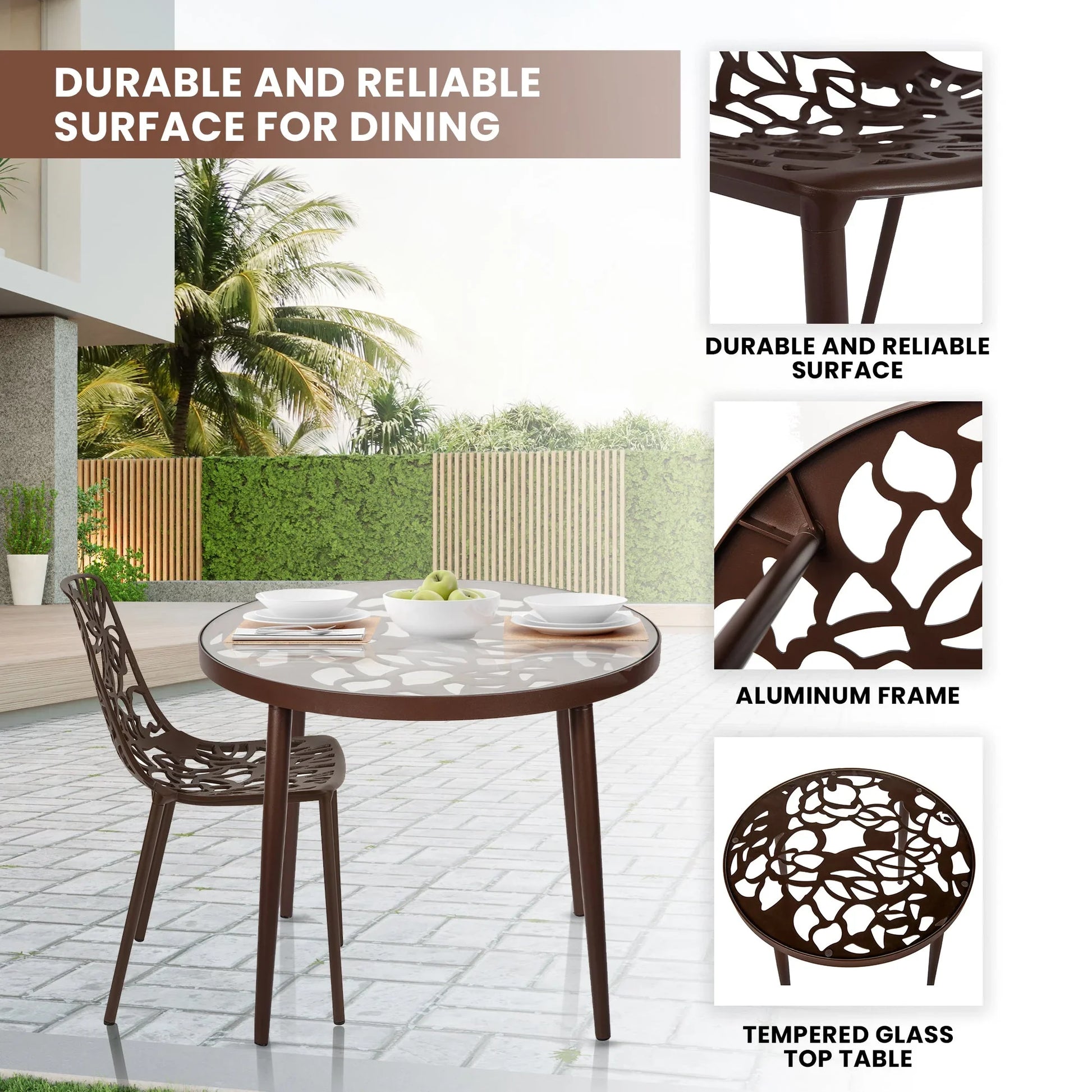 Devon 3-Piece Patio Dining Set: Aluminum Table with Glass Top & 2 Stackable Flower Chairs - Elax Furniture
