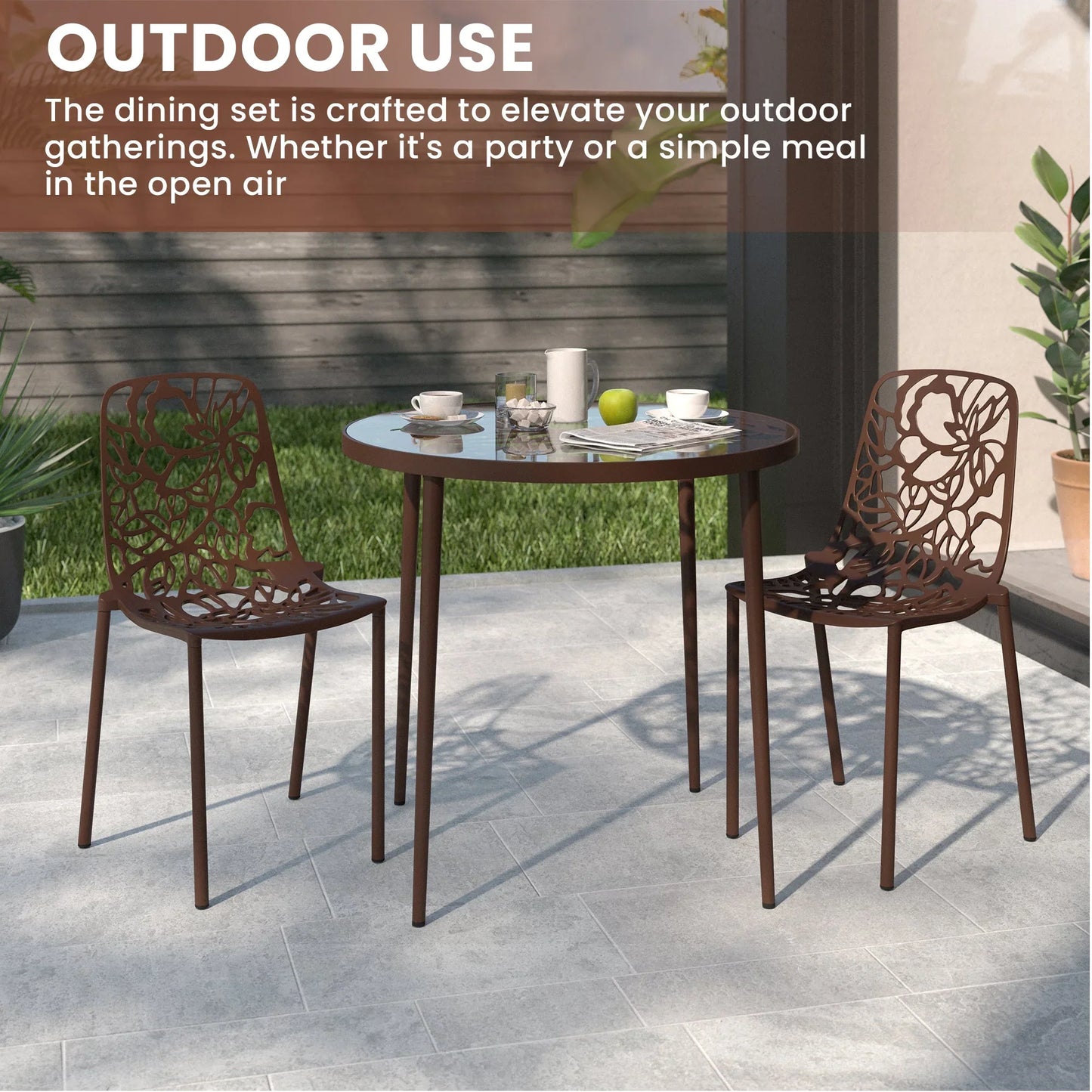 Devon 3-Piece Patio Dining Set: Aluminum Table with Glass Top & 2 Stackable Flower Chairs - Elax Furniture
