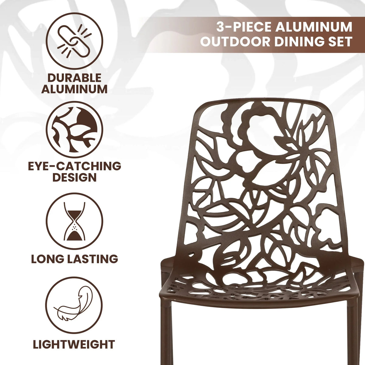 Devon 3-Piece Patio Dining Set: Aluminum Table with Glass Top & 2 Stackable Flower Chairs - Elax Furniture