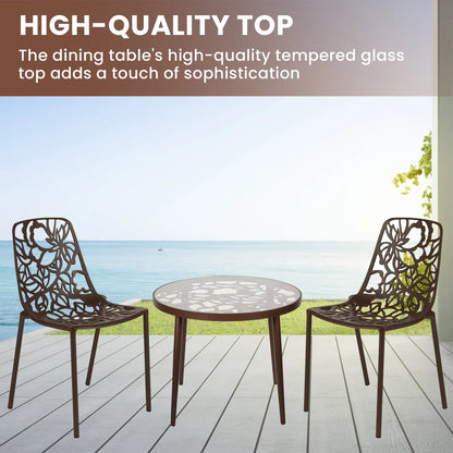 Devon 3-Piece Patio Dining Set: Aluminum Table with Glass Top & 2 Stackable Flower Chairs - Elax Furniture