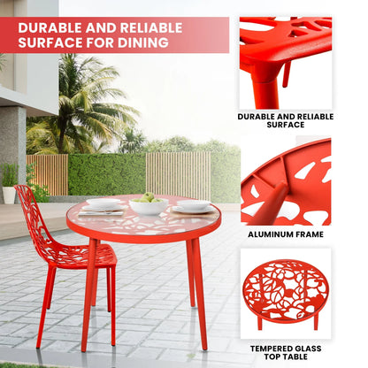 Devon 3-Piece Patio Dining Set: Aluminum Table with Glass Top & 2 Stackable Flower Chairs - Elax Furniture