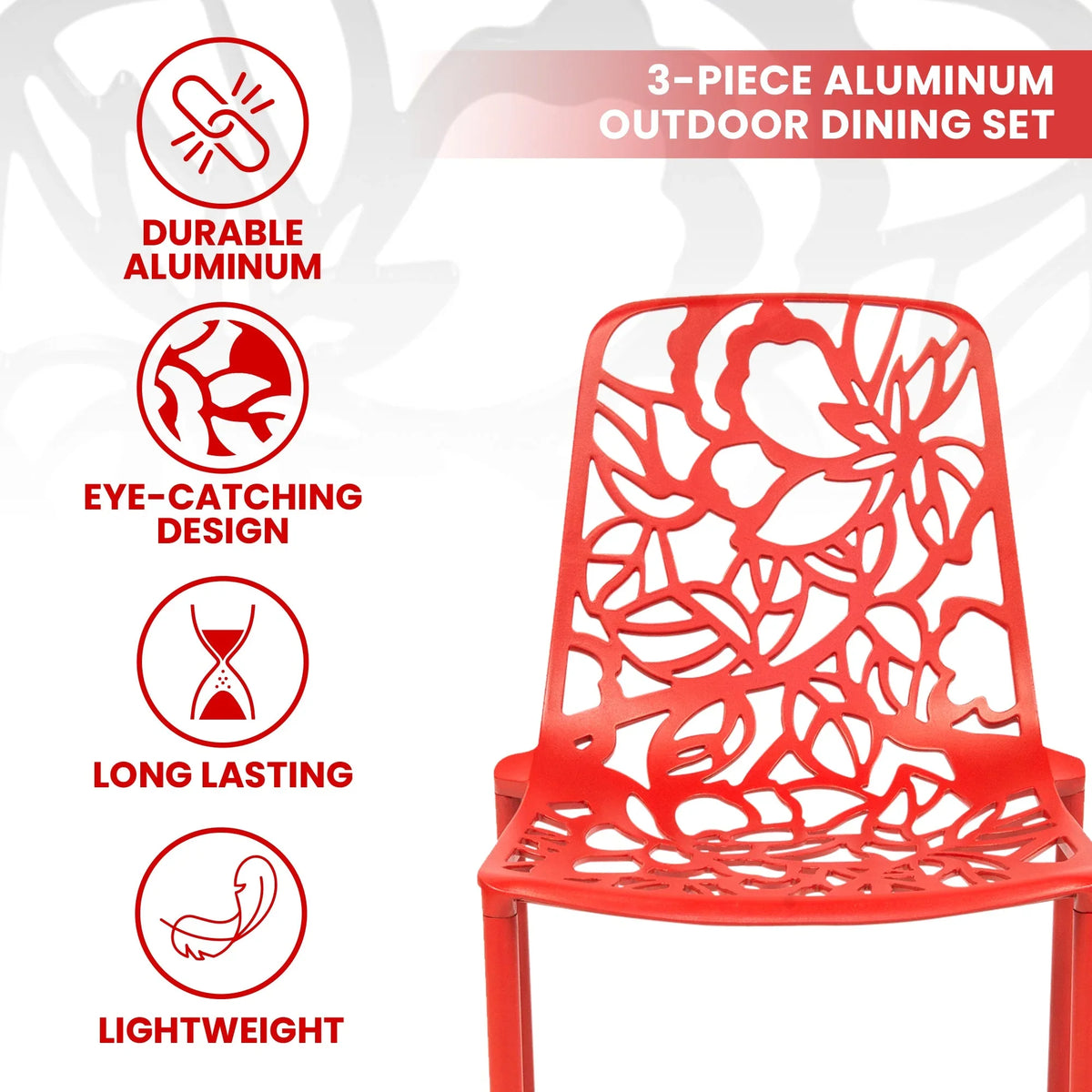 Devon 3-Piece Patio Dining Set: Aluminum Table with Glass Top & 2 Stackable Flower Chairs - Elax Furniture