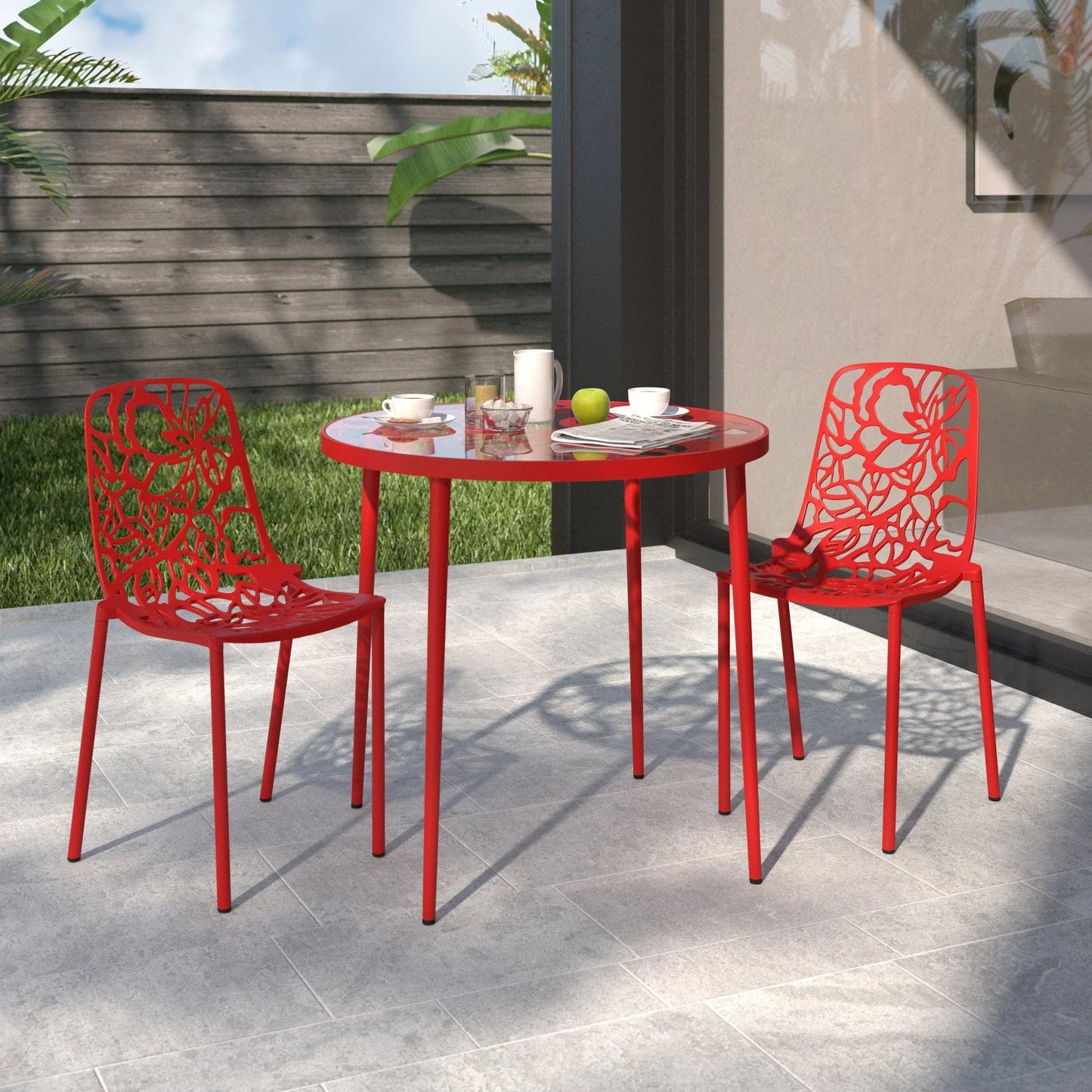 Devon 3-Piece Patio Dining Set: Aluminum Table with Glass Top & 2 Stackable Flower Chairs - Elax Furniture