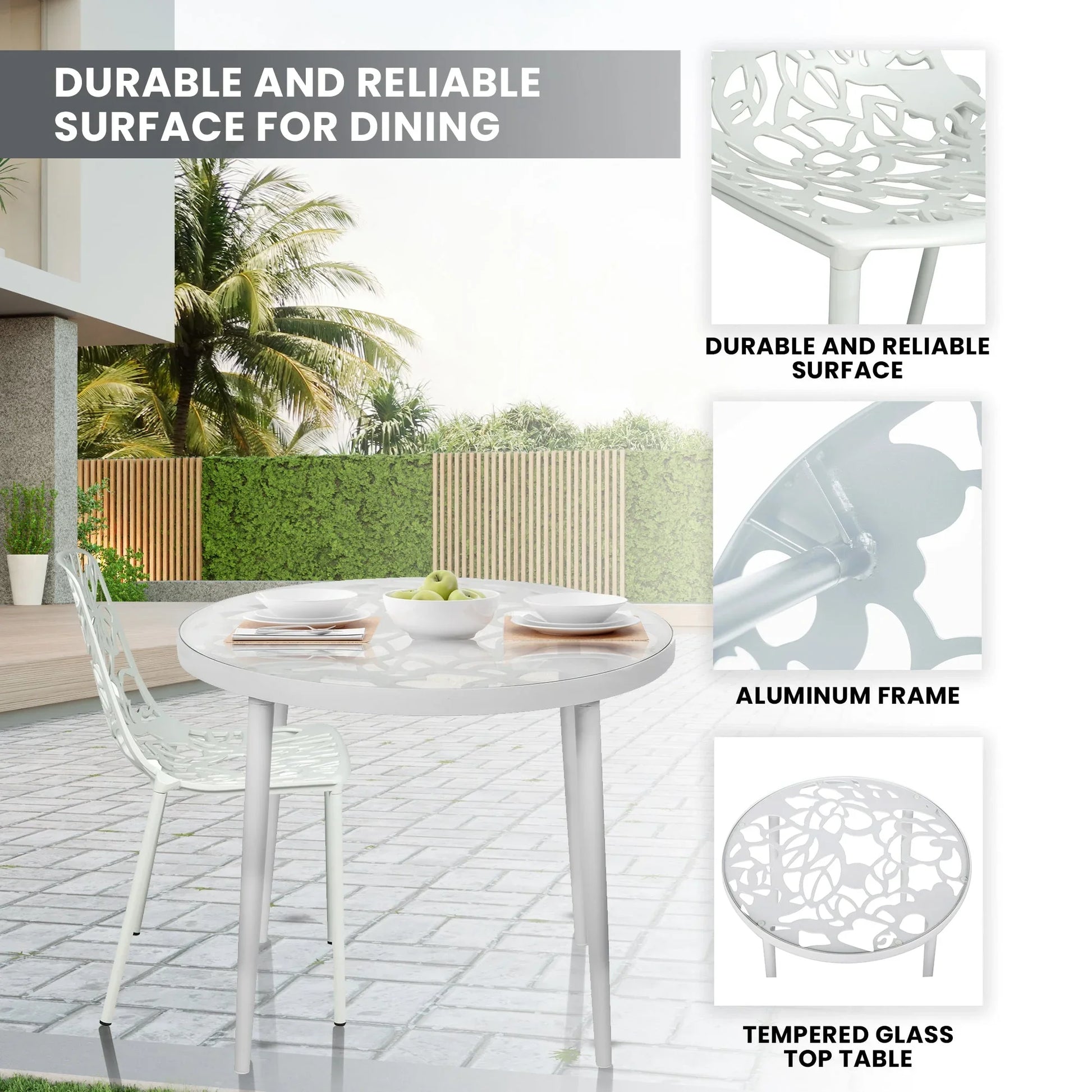Devon 3-Piece Patio Dining Set: Aluminum Table with Glass Top & 2 Stackable Flower Chairs - Elax Furniture