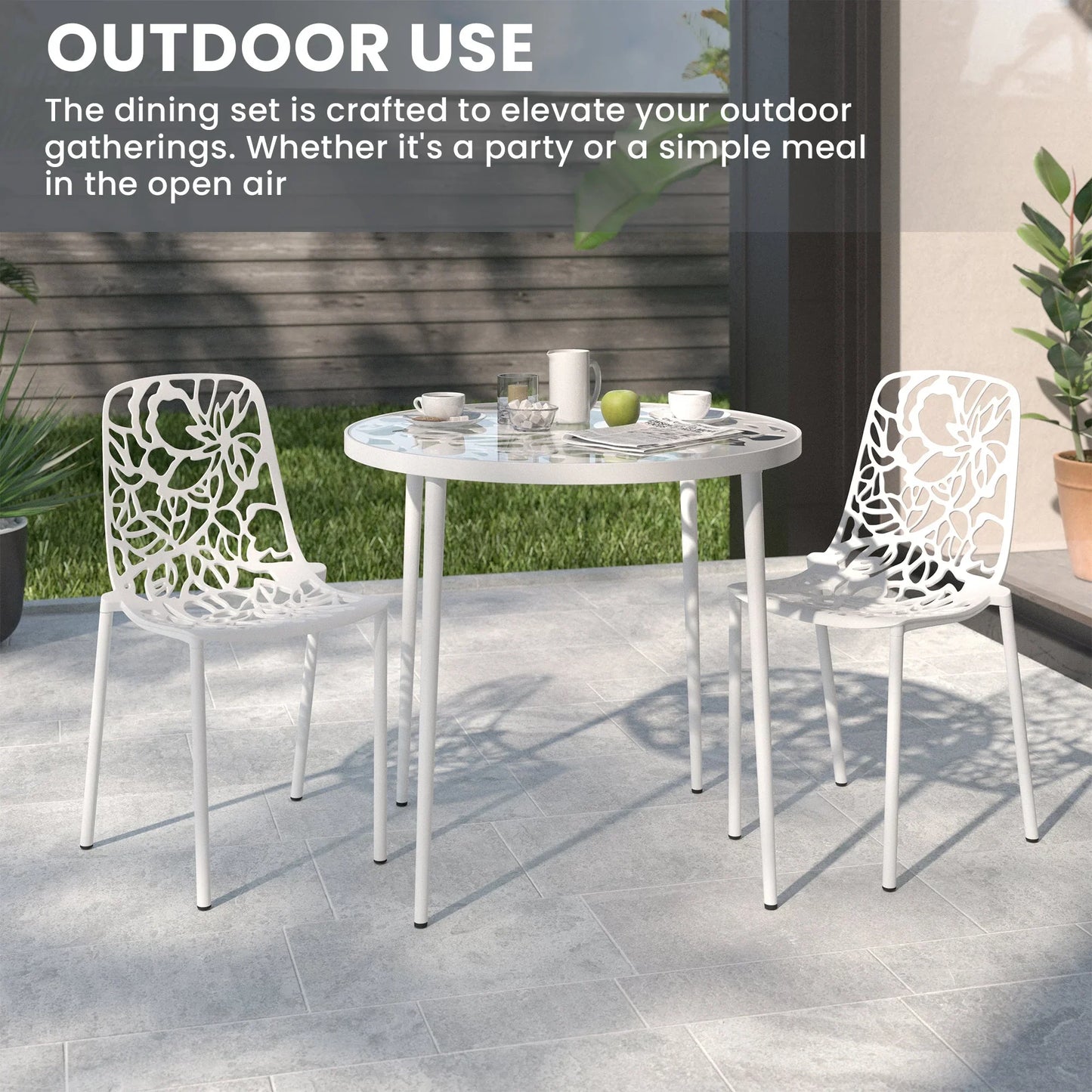 Devon 3-Piece Patio Dining Set: Aluminum Table with Glass Top & 2 Stackable Flower Chairs - Elax Furniture