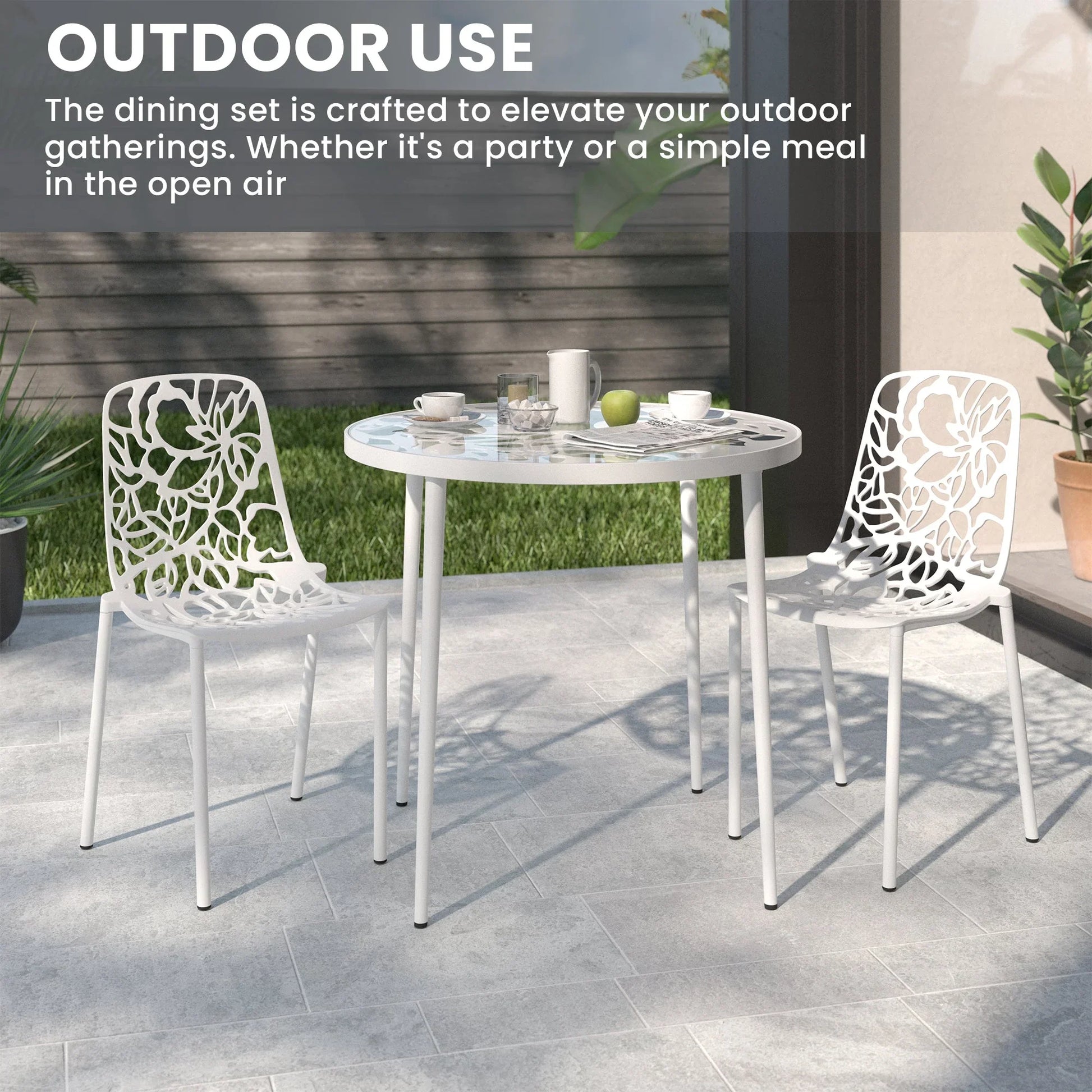 Devon 3-Piece Patio Dining Set: Aluminum Table with Glass Top & 2 Stackable Flower Chairs - Elax Furniture