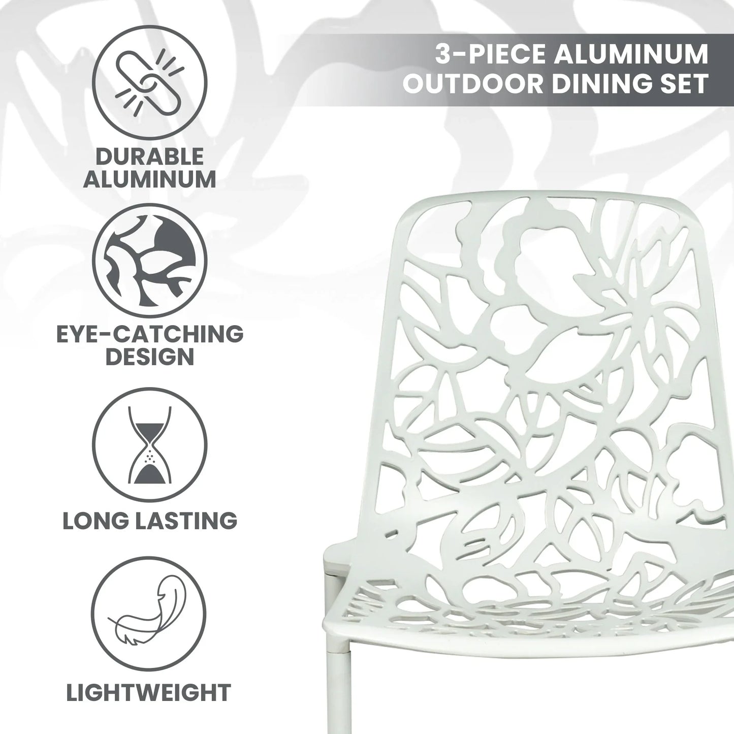 Devon 3-Piece Patio Dining Set: Aluminum Table with Glass Top & 2 Stackable Flower Chairs - Elax Furniture