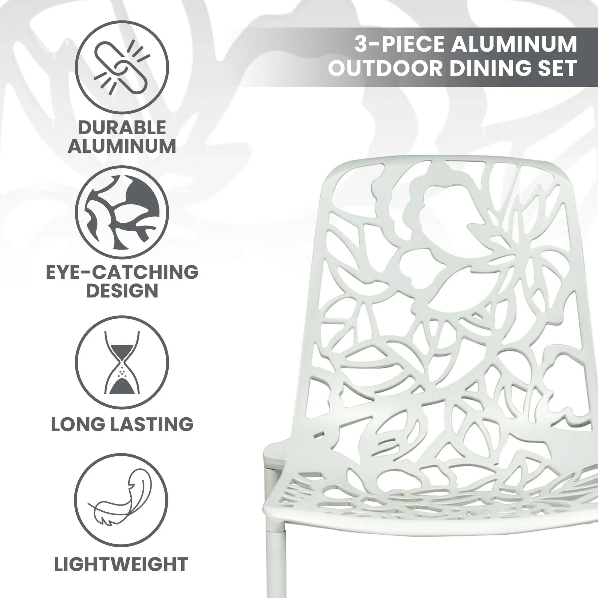 Devon 3-Piece Patio Dining Set: Aluminum Table with Glass Top & 2 Stackable Flower Chairs - Elax Furniture