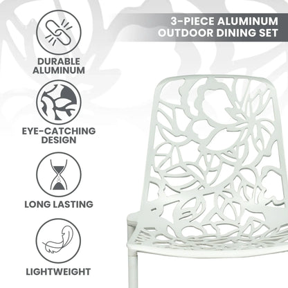Devon 3-Piece Patio Dining Set: Aluminum Table with Glass Top & 2 Stackable Flower Chairs - Elax Furniture