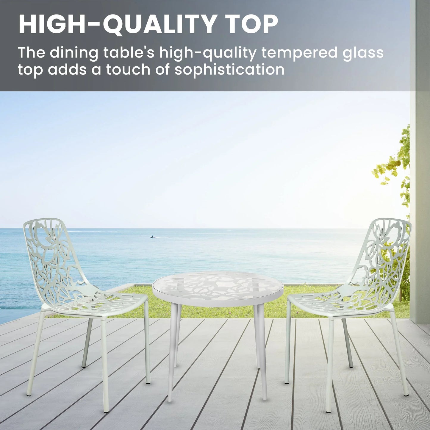 Devon 3-Piece Patio Dining Set: Aluminum Table with Glass Top & 2 Stackable Flower Chairs - Elax Furniture