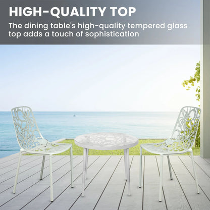 Devon 3-Piece Patio Dining Set: Aluminum Table with Glass Top & 2 Stackable Flower Chairs - Elax Furniture