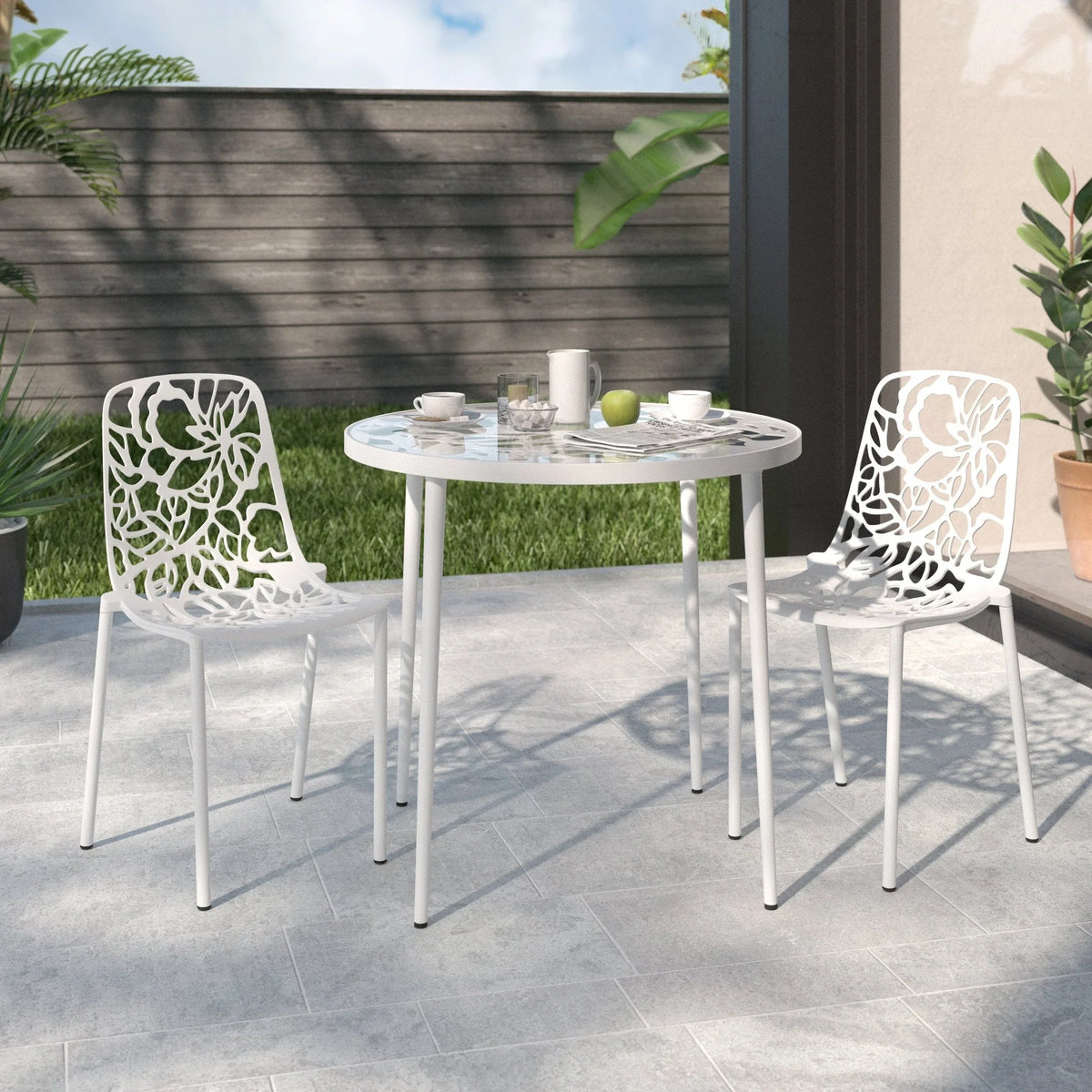 Devon 3-Piece Patio Dining Set: Aluminum Table with Glass Top & 2 Stackable Flower Chairs - Elax Furniture