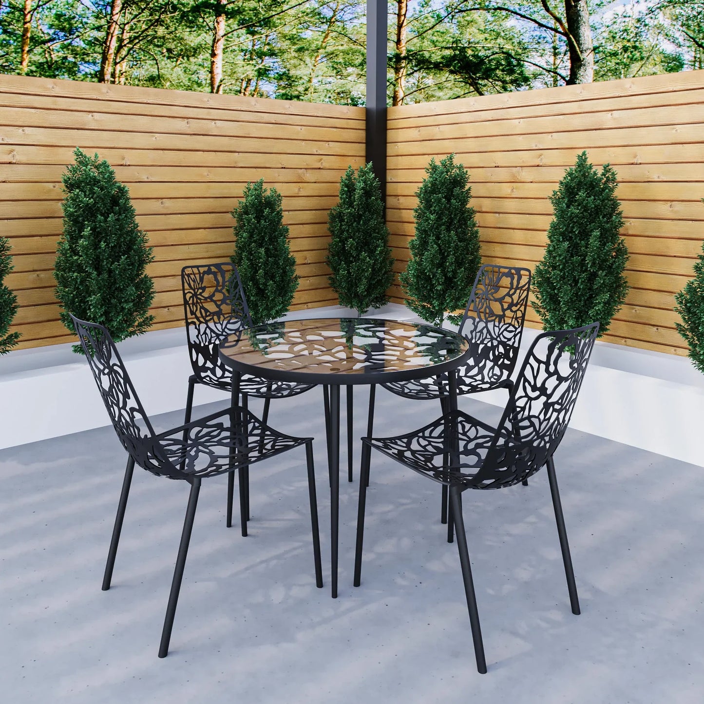 Devon 5-Piece Patio Dining Set: Aluminum Table with Glass Top & 4 Stackable Flower Chairs - Elax Furniture